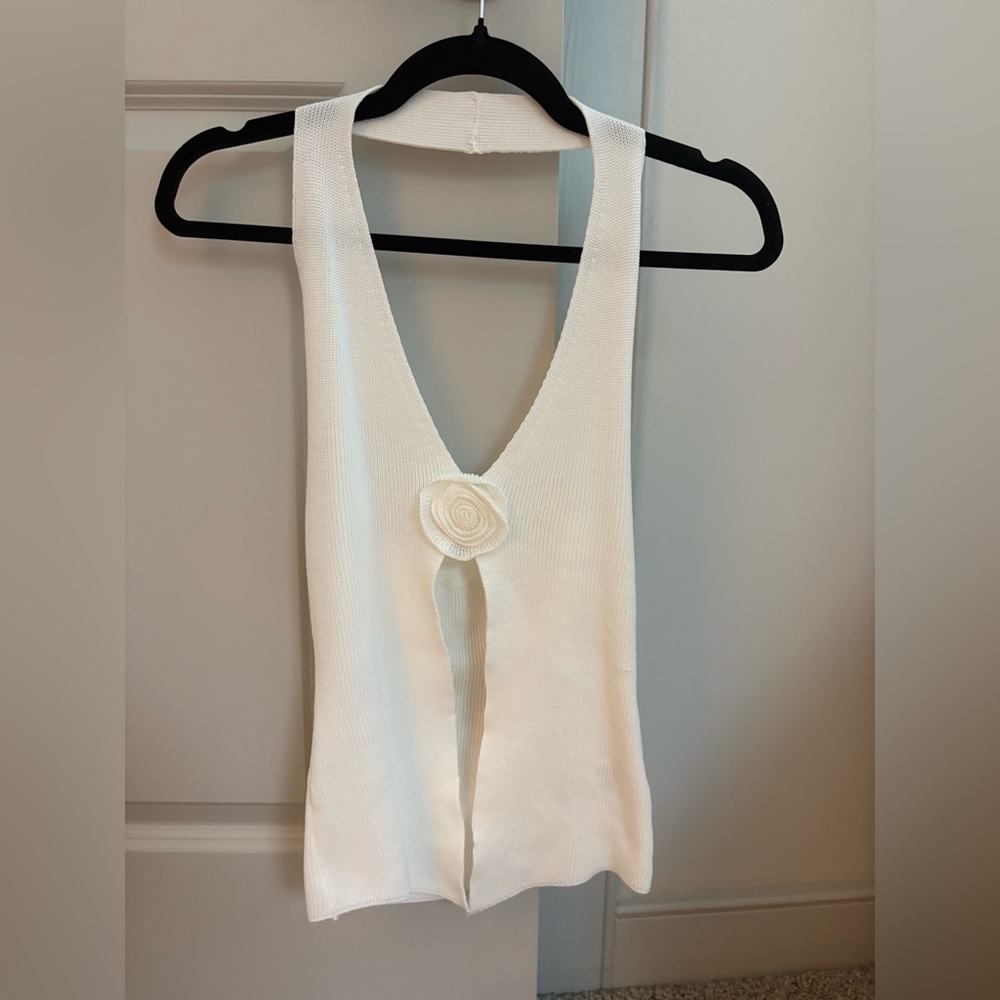 White Sleeveless Top with Floral Accent